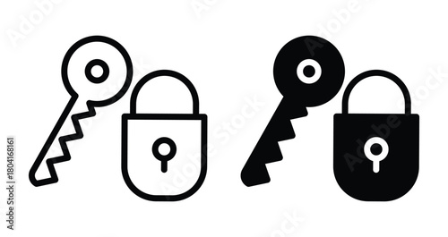 Key and Lock Icons Set in Two Distinct Styles Featuring Outline and Solid