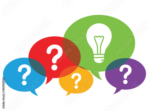 Question marks and a light bulb icon symbolize curiosity and ideas.