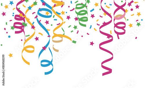 Colorful confetti and streamers fall from above to celebrate a festive occasion.