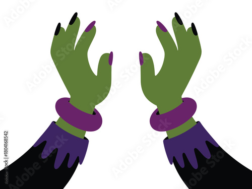 Two green witch hands with purple bracelets and black fingernails are held up.