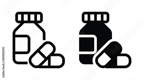 Black and White Icons of Medicine Bottle and Capsules on Isolated Background