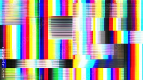 Colorful Glitch Art Pattern With Bright Bars And Static Distortion. Perfect For Technology, Digital Error Or Retro-Themed Design Visuals