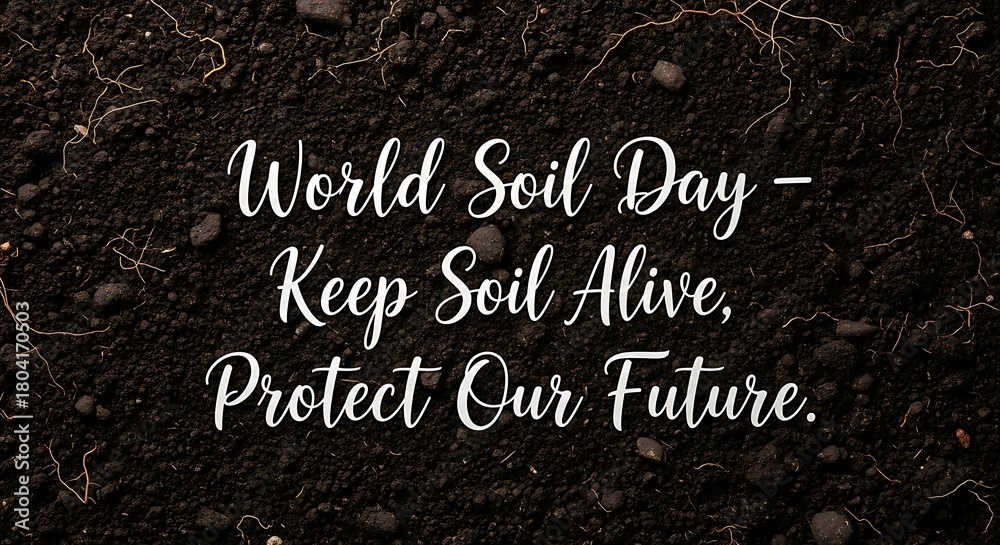 Fototapeta premium Close up of dark soil with small roots and text world soil day keep soil alive protect our future