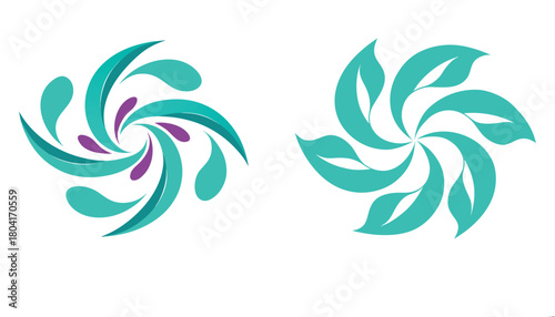 Abstract Floral Designs in Teal and Purple on White Background