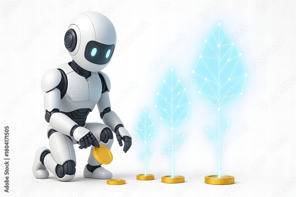 Fototapeta premium AI robot nurturing digital plants growing from golden coins symbolizing financial investment sustainability and tech growth