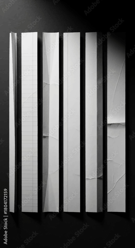 Fototapeta premium Modern abstract composition featuring vertical strips of textured white paper with subtle lines and shadows creating a dynamic minimalist aesthetic