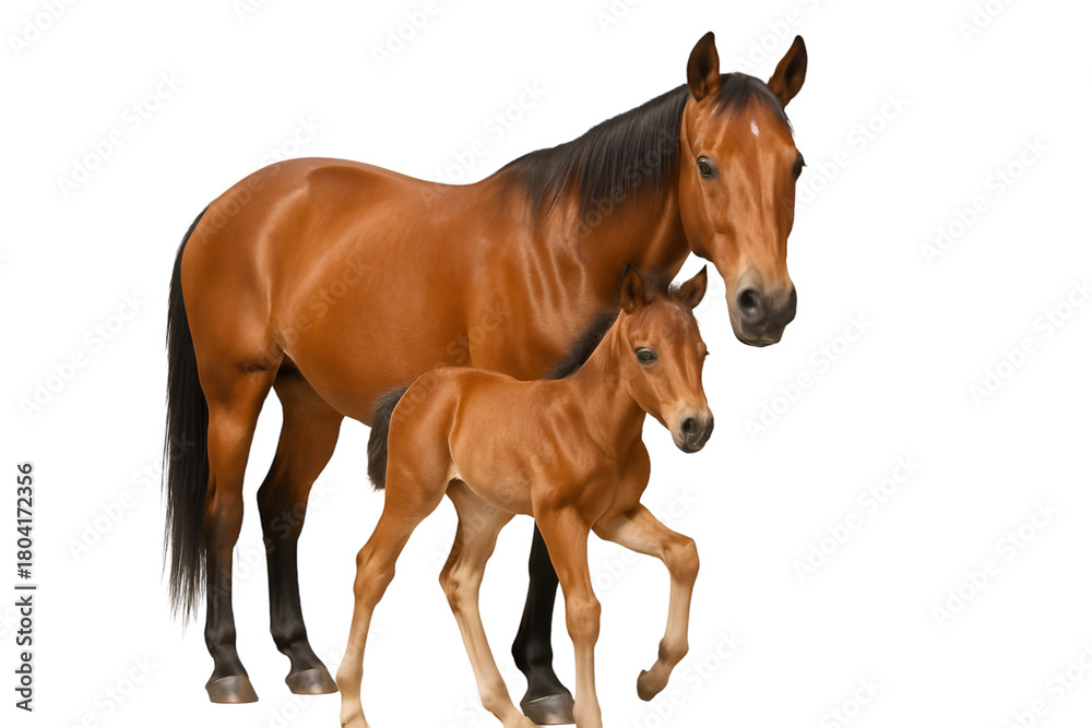 Obraz premium mother horse and her baby foal standing together isolated on transparent background