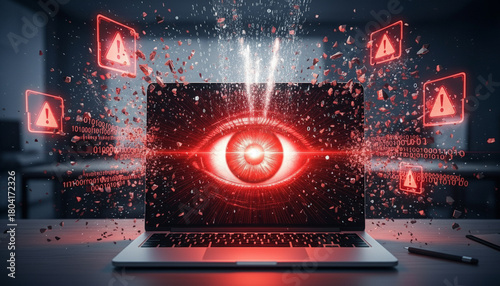 Cybersecurity Breach: Laptop Exploding with Red Warning Holograms and AI Eye. High quality photoA laptop on a desk explodes with red digital warning holograms and binary code breaking apart. A giant