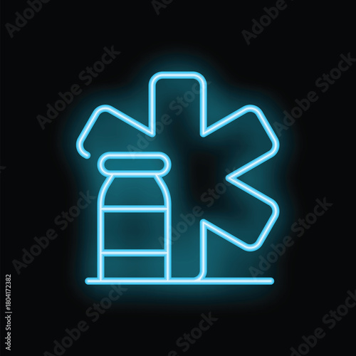 Glowing neon medical sign featuring a medicine bottle and the star of life symbol, representing emergency medical services and healthcare