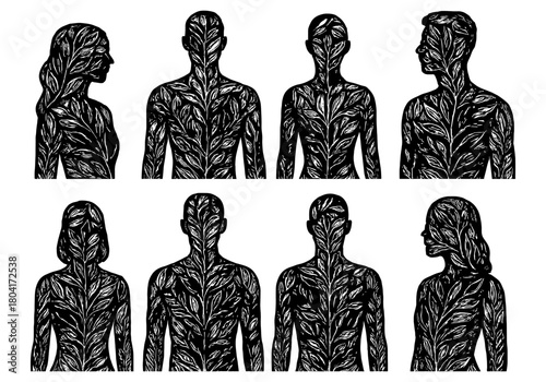 Abstract silhouette portraits with leaf patterns in black and white