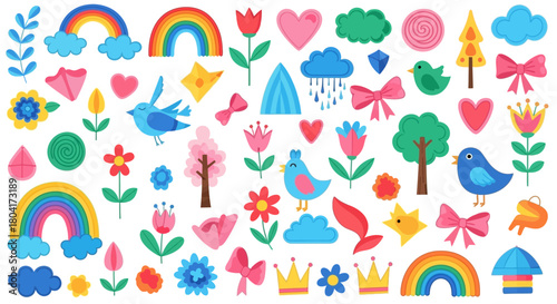 Charming collection of whimsical spring elements featuring vibrant rainbows, cheerful birds, blooming flowers, and playful clouds, perfect for children's themes and joyful designs.