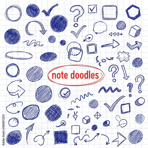 Hand drawn blue doodles and symbols perfect for brainstorming, note taking, and creative projects on a grid paper background