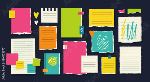 Vibrant collection of colorful torn paper notes and sticky reminders arranged creatively on a dark background for engaging visual projects