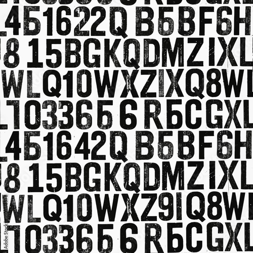 Bold, distressed black letters and numbers create a striking, retro typographic pattern perfect for vintage design projects