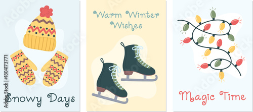 Winter postcard set with cute festive illustrations. Cards with ice skates, warm hat, mittens and glowing string of lights. 