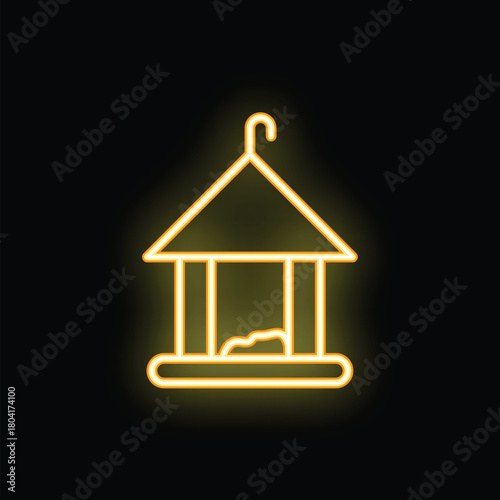 Glowing neon icon of a birdhouse hanging from its roof, representing bird care and wildlife