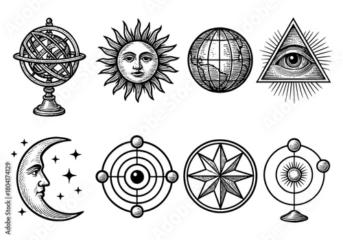 Vintage celestial and geometric symbols set in detailed black and white design