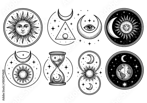 Mystical celestial symbols with sun, moon, and eye in vintage style