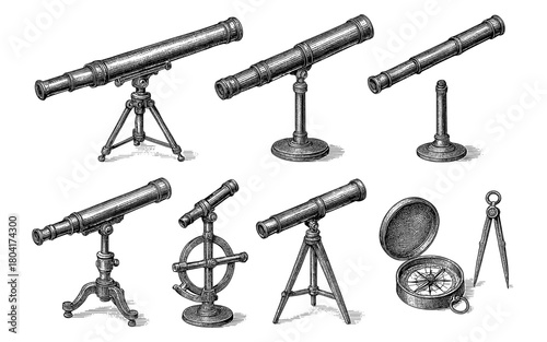Vintage telescopes and navigation instruments collection in engraved style