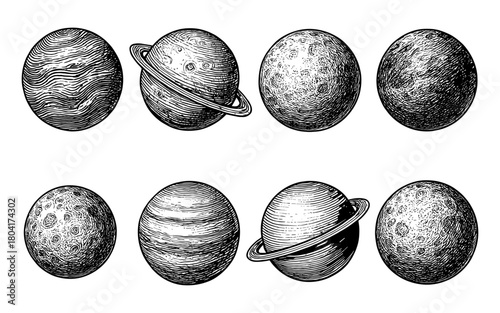 Vintage celestial bodies: set of eight detailed planet engravings in black and white