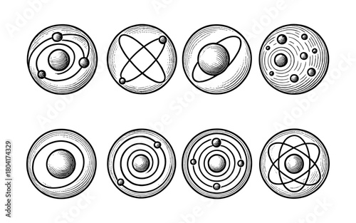 Black and white atomic structure icons: scientific atomic models set