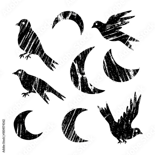 Mysterious black birds and crescent moons with distressed texture, evoking nighttime magic and abstract celestial journeys