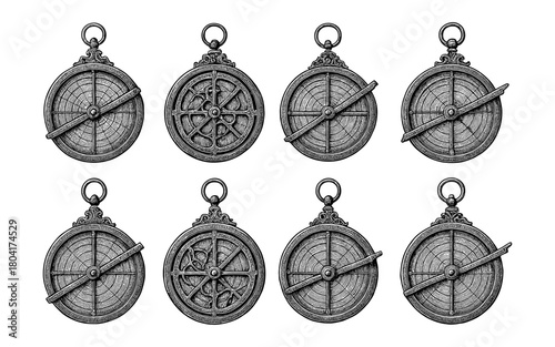 Vintage astrolabe collection with detailed geometric designs and annotations