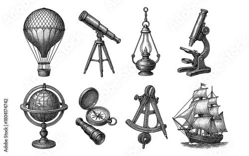 Vintage exploration tools: detailed engravings of nautical and scientific instruments