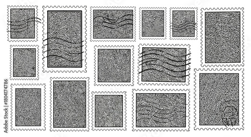 Collection of vintage postage stamps with textured backgrounds and wavy postmarks creating a retro postal communication aesthetic