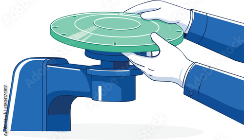 Gloved hands carefully place a circular green component onto a blue industrial machine, illustrating precise mechanical assembly in a clean technical environment