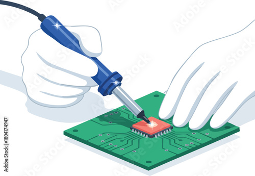 Gloved hands soldering a microchip onto a green circuit board using a precision soldering iron