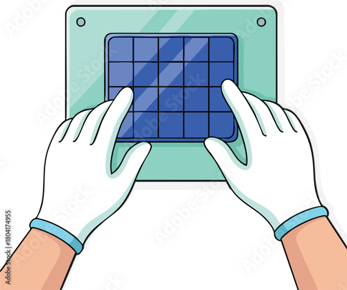 Gloved hands pressing and aligning a blue tile panel onto a flat surface for installation