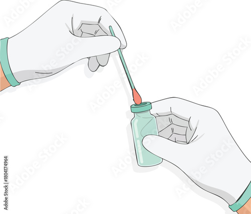 Gloved hands collecting a sample with a swab and placing it into a small laboratory vial