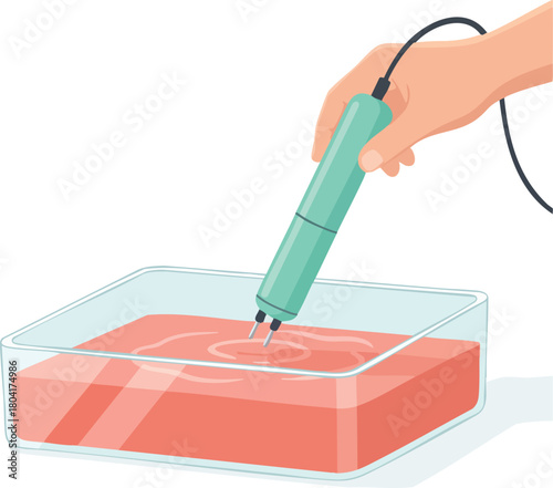 Hand using an electric probe inside a transparent container filled with red liquid in vector style