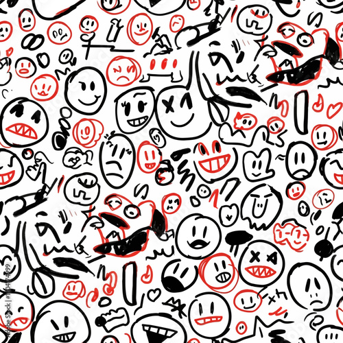 Whimsical doodle pattern of diverse expressive faces and quirky characters in black and red on white, perfect for playful designs