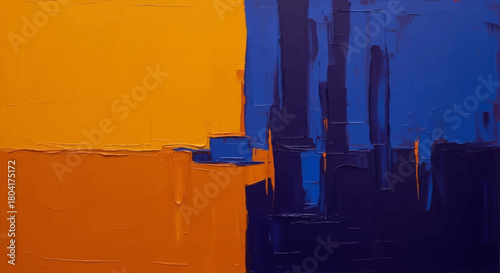 Vibrant abstract composition featuring bold blocks of rich orange and deep blue, created with thick impasto brushstrokes for dynamic texture and modern appeal.