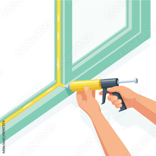 Hands applying yellow sealant along a window frame using a caulking gun for insulation
