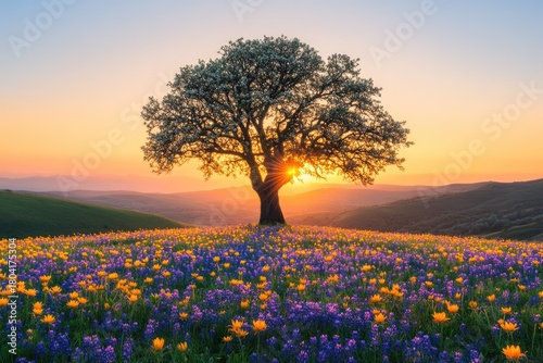 Wallpaper Mural Serene sunset over a blooming tree, casting golden rays across a beautiful wildflower meadow with rolling hills in the distance. Torontodigital.ca