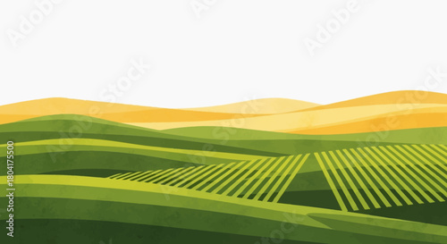 Vibrant rolling green hills and golden fields under a clear sky create a peaceful rural landscape perfect for agriculture or nature themes.
