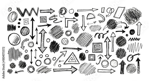 Dynamic collection of hand drawn sketchy arrows circles squares and scribbles for modern design projects and creative concepts