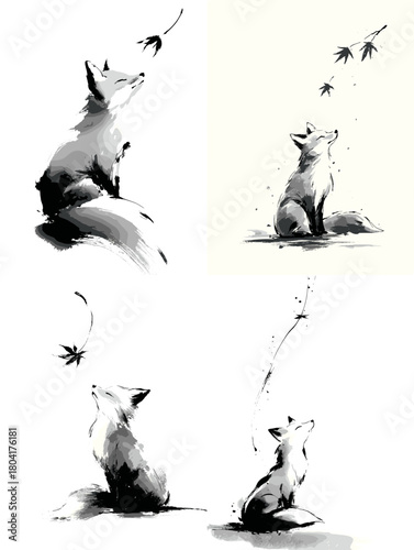 Elegant ink style fox illustrations featuring a fox gazing at a falling leaf. Minimalist brush strokes and soft monochrome tones create a peaceful and poetic atmosphere.