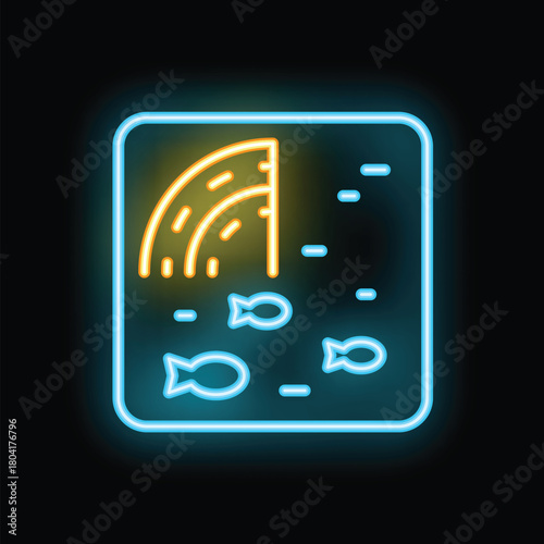 Glowing neon line fishing float in water icon isolated on black background. Fishing tackle. Vector illustration