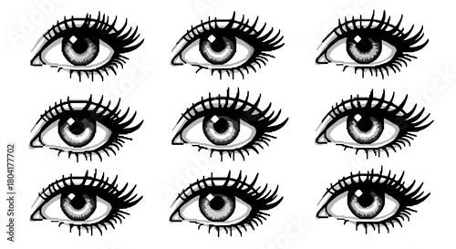 Pixel art female eyes vector pack with retro Y2K aesthetic and 8-bit gaze element