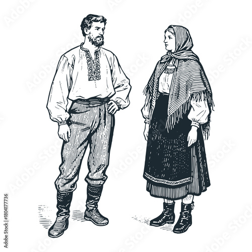 Latvian couple with traditional costume – Black and White Icon Vector and Illustration