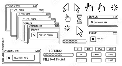 Y2K computer interface and UI pixel art vector set with retro windows and icons