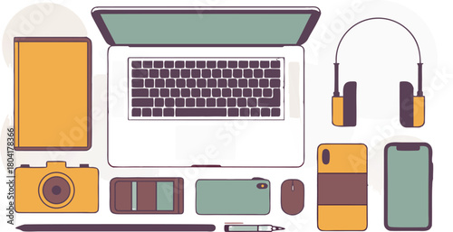 Creative workspace flat lay with modern technology devices and gadgets