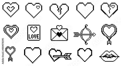 Cute pixel art heart and love vector icons set for Y2K and valentine design