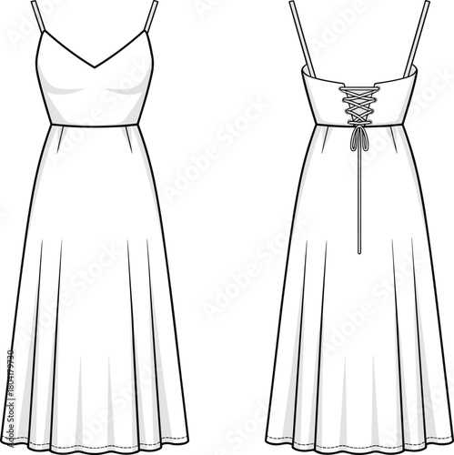 Sleeveless dress fashion sketch, front and back view, spaghetti straps, lace-up corset, flared skirt, cad drawing flat vector illustration
