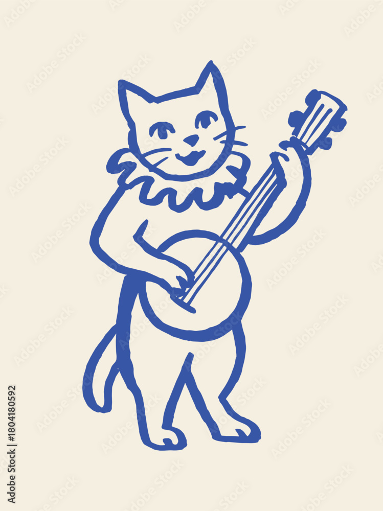 Samolepka Cat playing banjo naive cartoon sketch vector illustration
