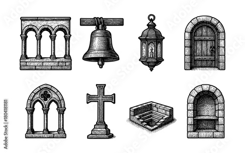 Vintage architectural elements: engraved style arches, bell, lantern, door, and cross collection